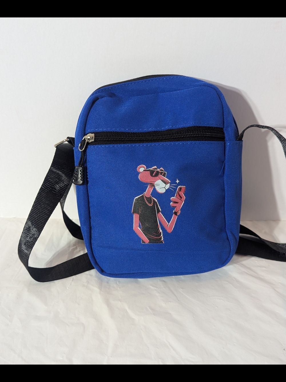 Blue Crossbody Phone Bag with Pink Panther Graphic